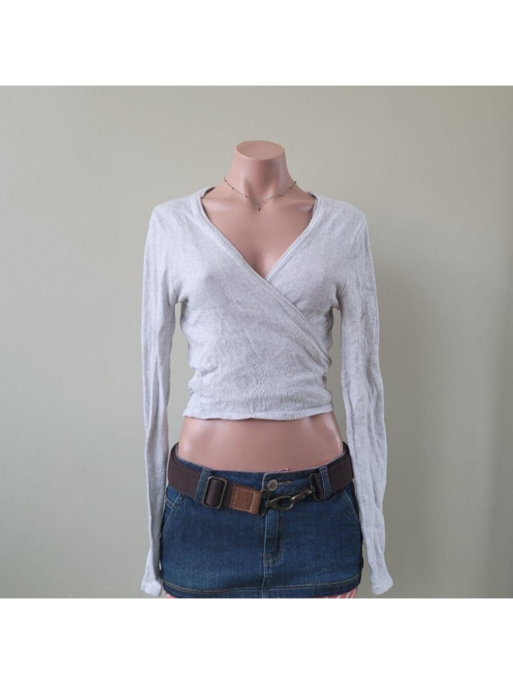 Harlow Heather Grey Surplice Crop Wrap String  Back Tied Knit Top (M)